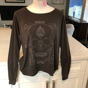 Obey Propaganda Casual Skull Graphic Lg Slv Scp Neck Tshirt Top Brown Cream Sz S